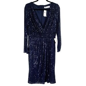 IEENA for Mac Duggal Midnight Blue Sequin VNeck Long Sleeve Dress Size 12 A26555